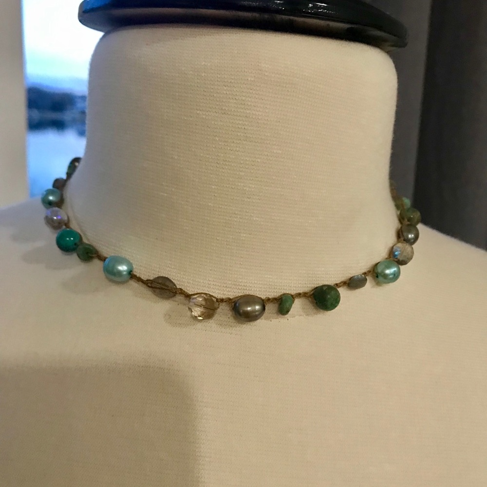 Blues, greens & browns cute boho chocker necklace
